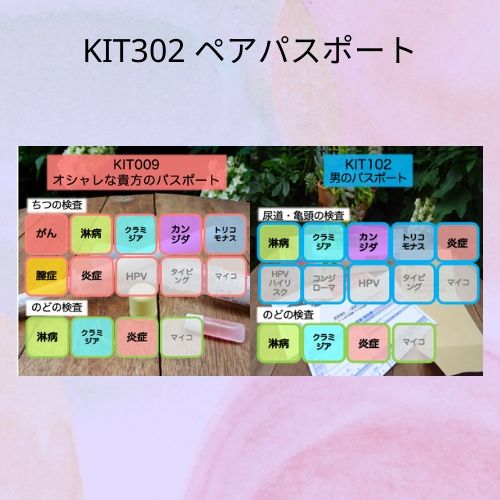 ペアパスポート(女性6種+子宮頸がん、男性5種、のど3種) 子宮頸がん(女性) クラミジア(女性) 淋病(女性) カンジダ(女性) トリコモナス(女性) 細菌性膣症(女性) 膣炎(女性) クラミジア(男性) 淋病(男性) カンジダ(男性) トリコモナス(男性) 尿道炎(男性) クラミジア(咽頭) 淋病(咽頭) 咽頭炎(咽頭) 性器とのどのSTD(性感染症)を一度ですべて調べられる検査です。 二人でこれから結婚、妊活に向けて一度一緒にの性の健康チェックをしておきましょう。 HIVと梅毒は含まれません。
